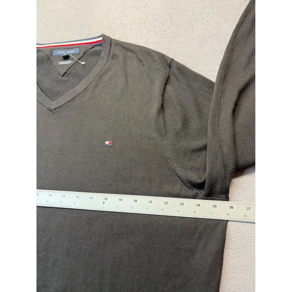 Tommy Hilfiger Men XXL Black Premium Cotton V-Neck Logo Knit Sweater Long Sleeve